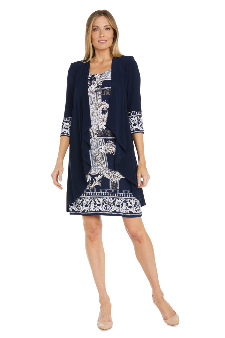 Mother of the Bride Dresses Long Puff Print Jacket Mother of the Bride Dress Navy/White