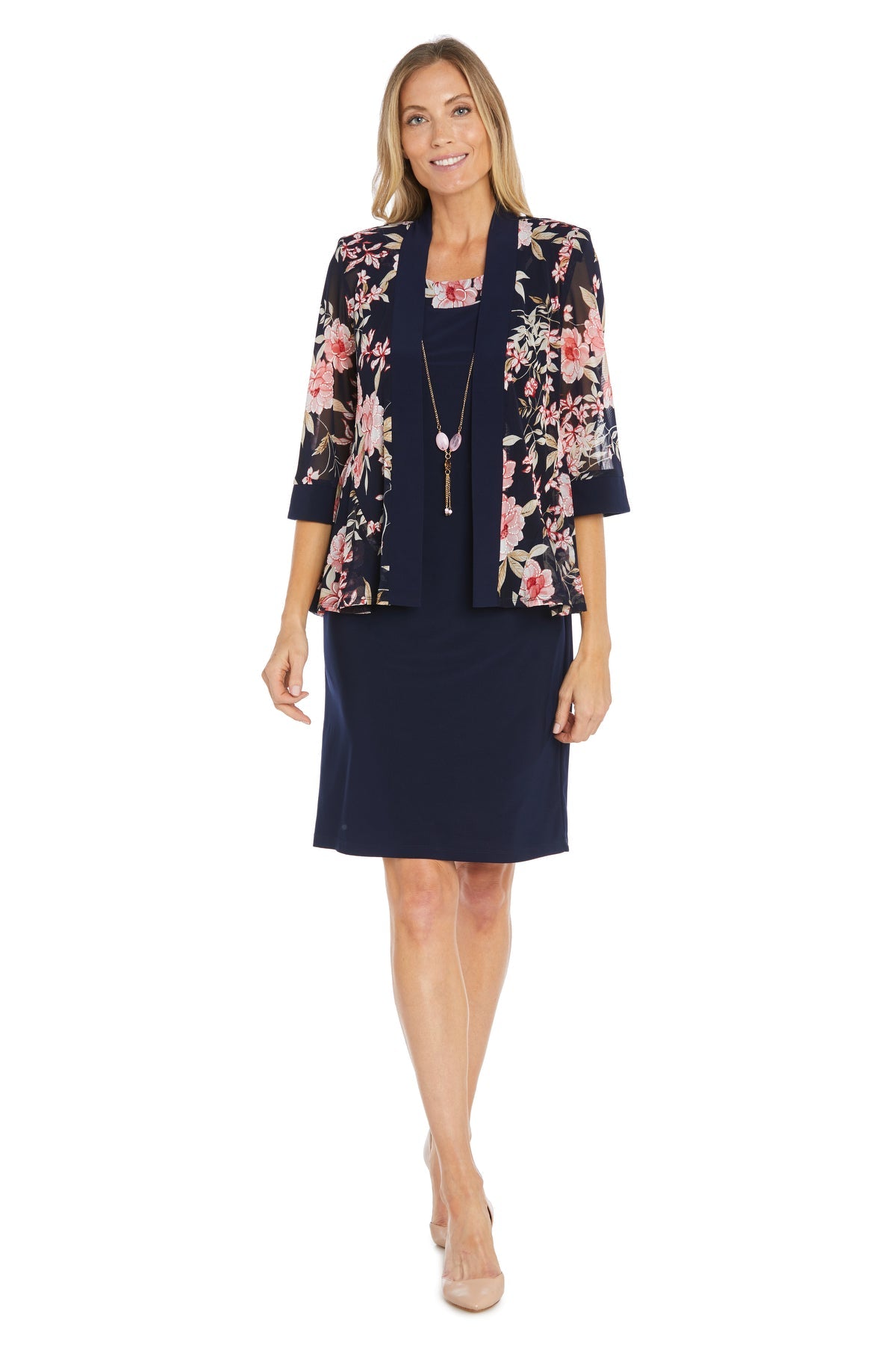 Mother of the Bride Dresses Short Printed Jacket Mother of the Bride Dress Navy/Coral