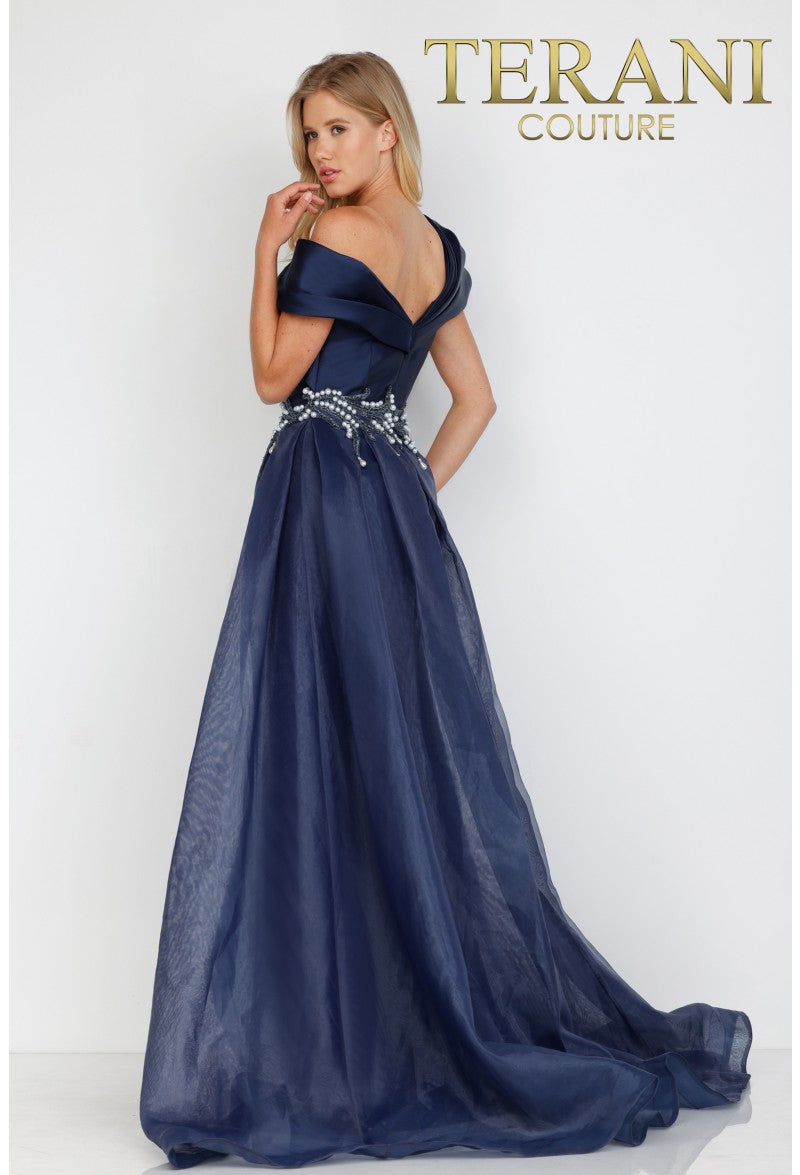 Formal Dresses Long Formal Prom Beaded Overskirt Dress Navy