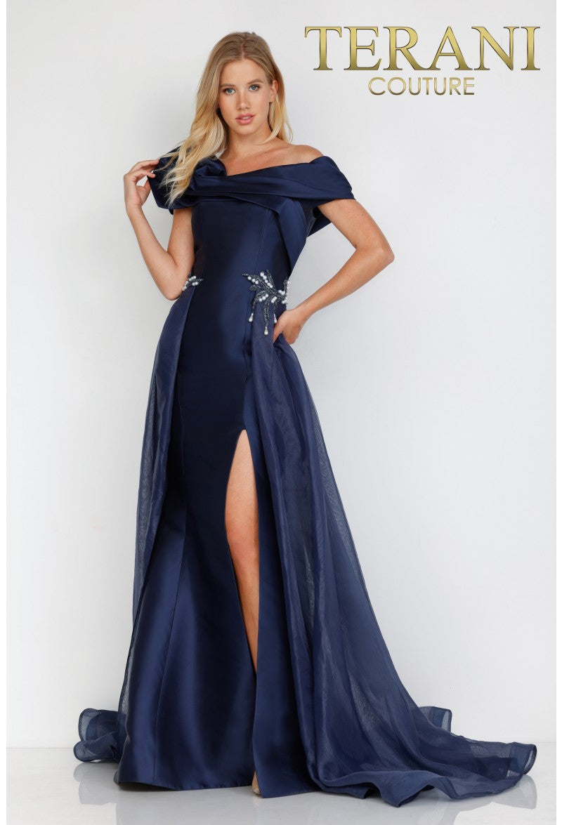 Formal Dresses Long Formal Prom Beaded Overskirt Dress Navy