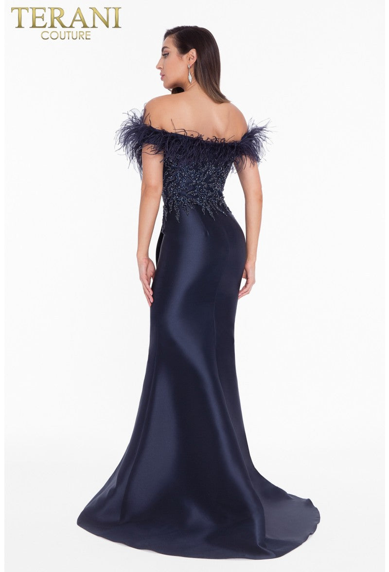 Formal Dresses Long Formal Prom Feather Beaded Dress Navy