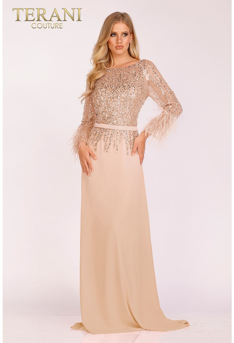 Terani Couture Long Formal Dress 1921M0473 - The Dress Outlet Champagne