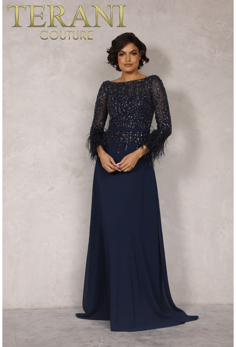 Terani Couture Long Formal Dress 1921M0473 - The Dress Outlet Navy