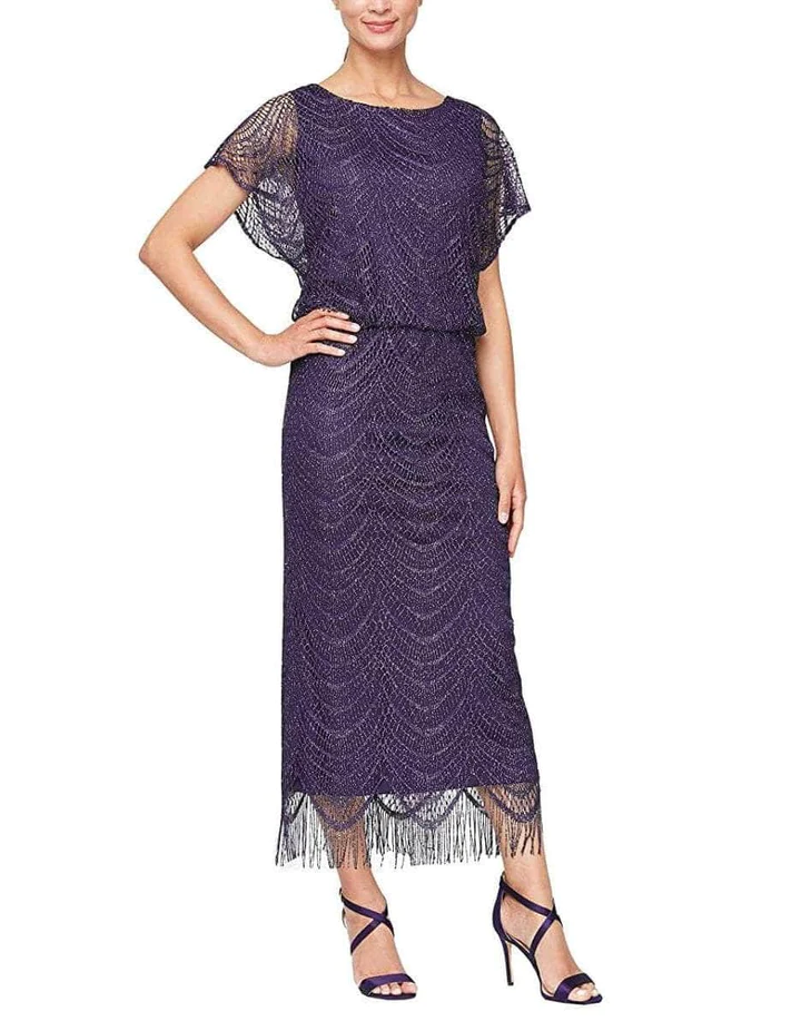 SL Fashions Long Blouson Fringe Hem Dress 195173 - The Dress Outlet