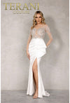 Formal Dresses Long Sleeve Formal Prom Beaded Illusion Dress Ivory Nude