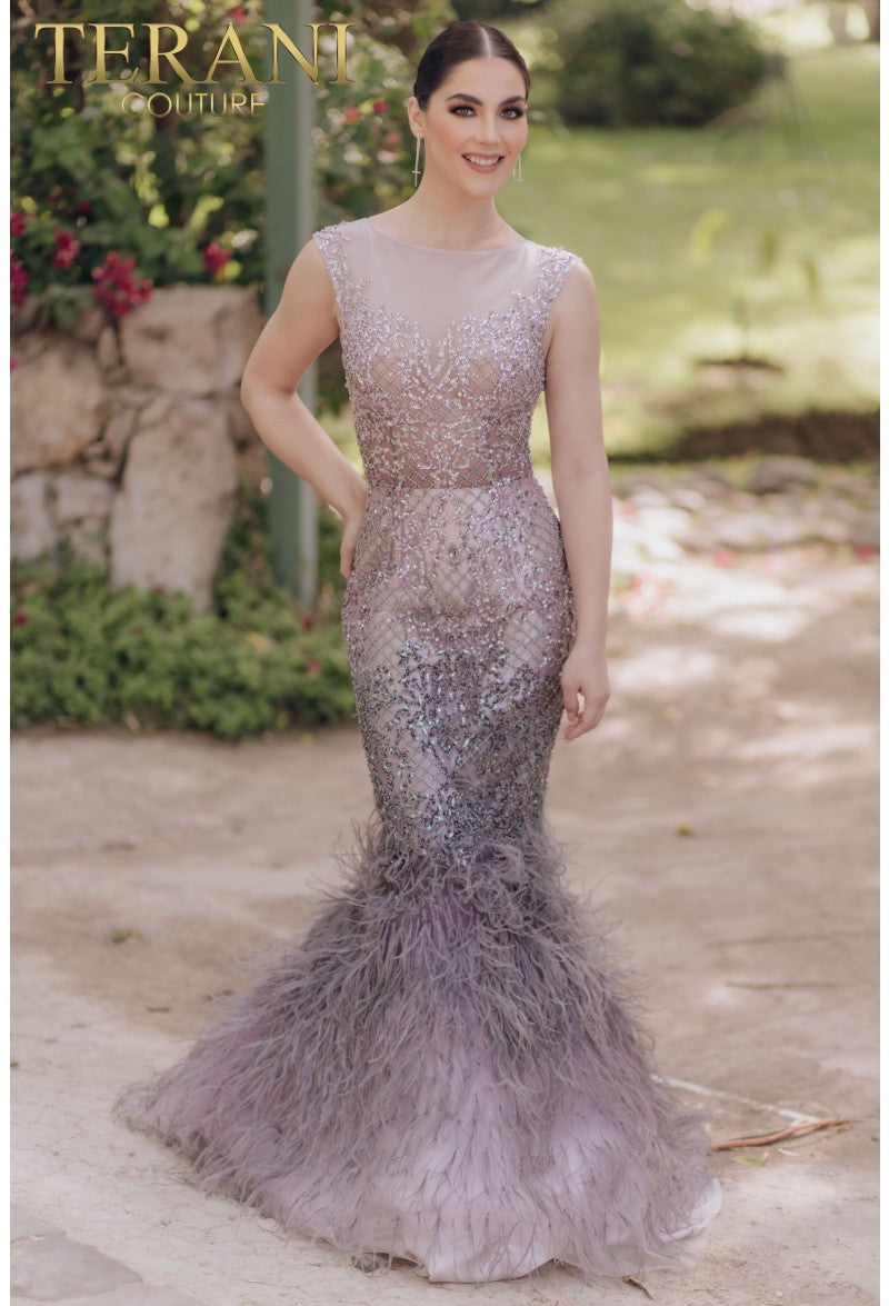 Prom Dresses Long Beaded Formal Prom Feather Mermaid Dress Blush Mauve