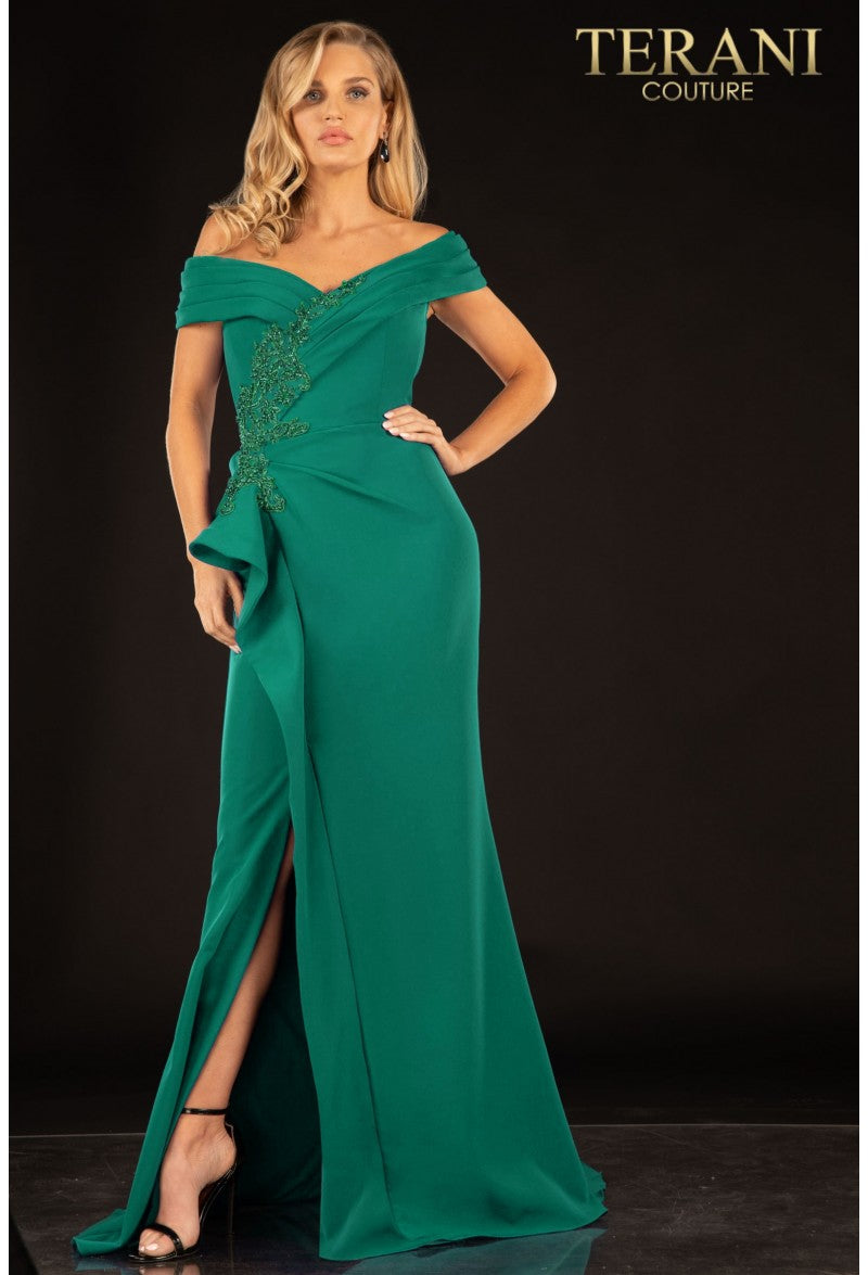 Terani Couture Off Shoulder Formal Long Dress 2021M2986 - The Dress Outlet Emerald