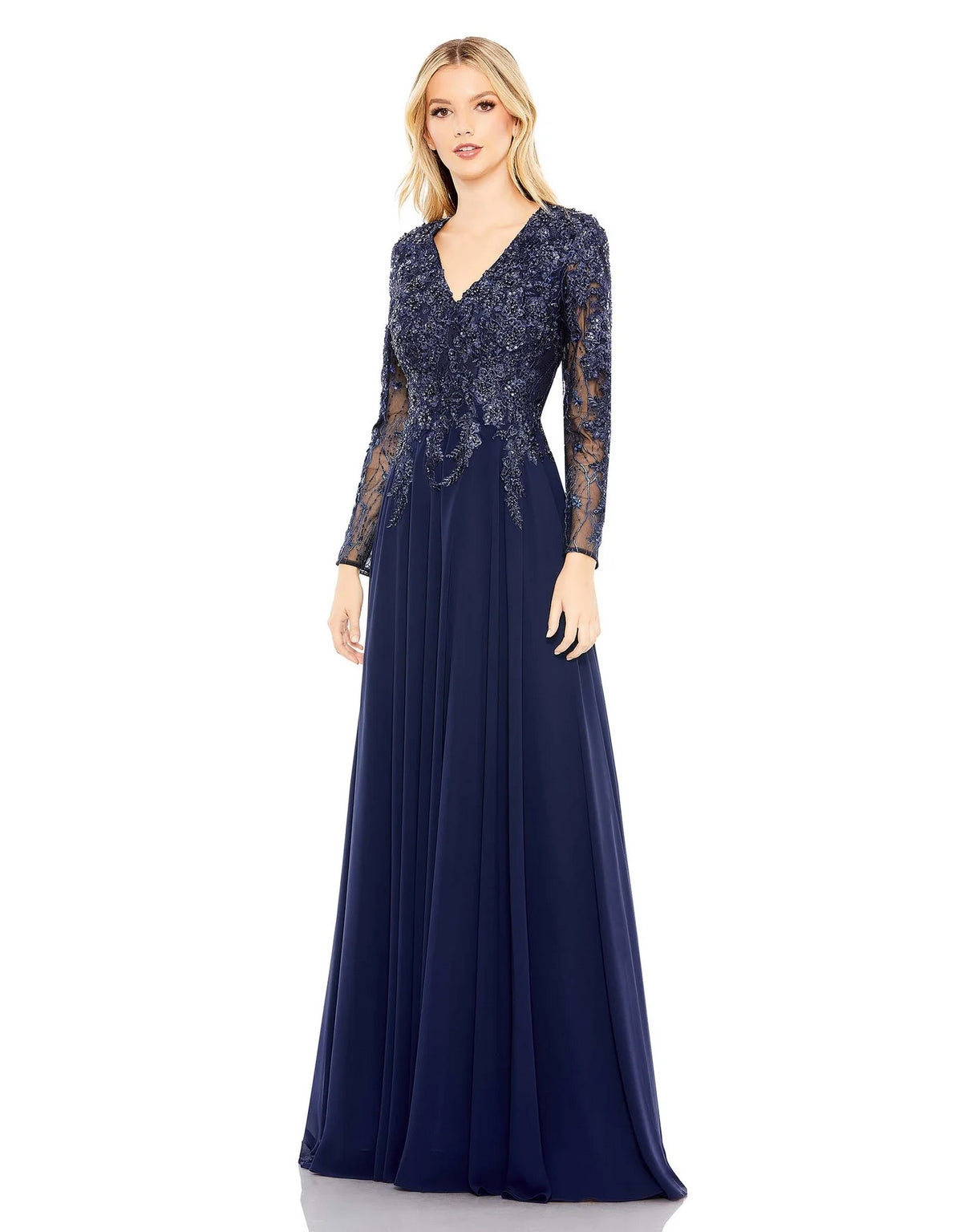 Navy Mac Duggal 20388 Formal Long Sleeve Evening Gown for $698.0 – The ...