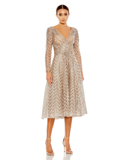 Cocktail Dresses Short Beaded Long Sleeve Cocktail Midi Dress Taupe