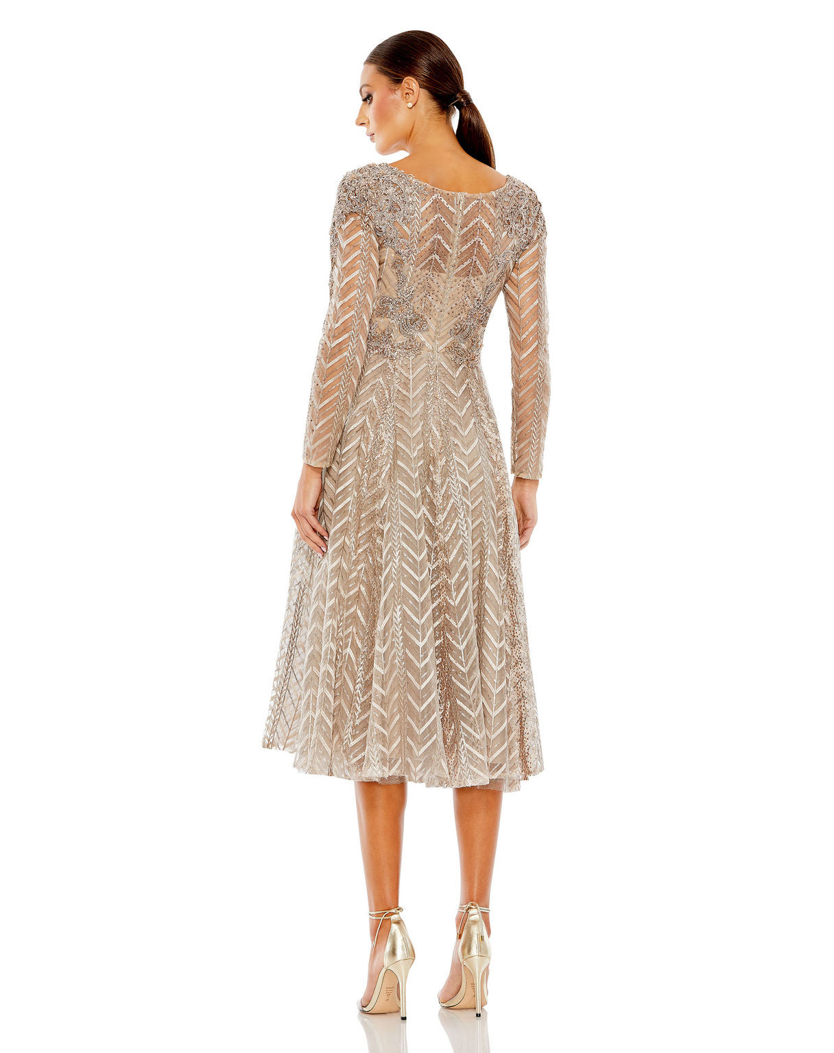 Cocktail Dresses Short Beaded Long Sleeve Cocktail Midi Dress Taupe