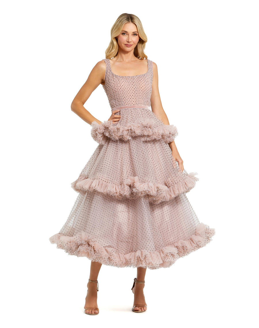 Prom Dresses Polka Dot Ruffle A Line  Midi Dress Blush