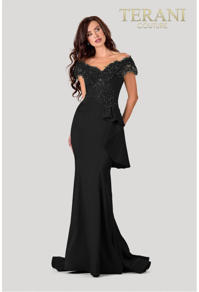 Terani Couture Off Shoulder Formal Long Dress 2111M5255 - The Dress Outlet Black