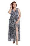 Nightway Long Floral Print Plus Size Dress 22042W - The Dress Outlet Black/Silver