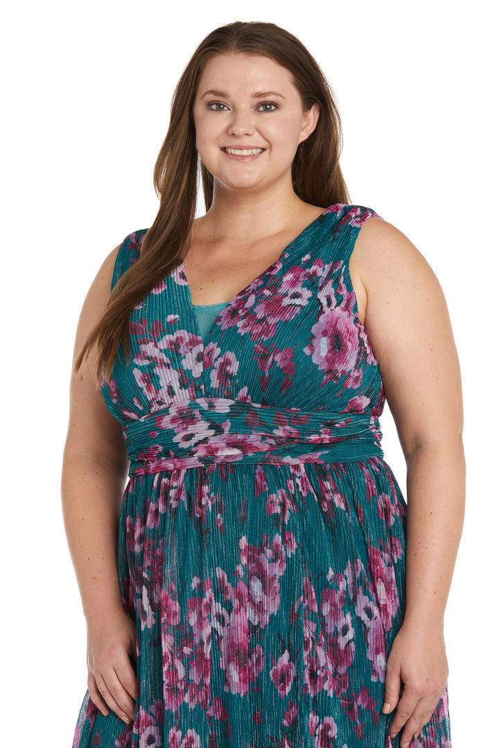 Nightway Long Floral Print Plus Size Dress 22042W - The Dress Outlet Teal