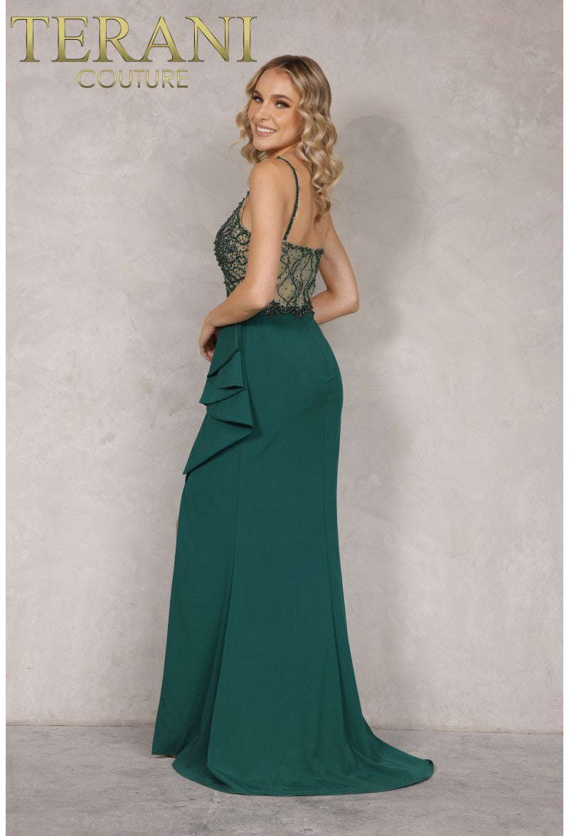 Prom Dresses Long Ruffle Formal Prom Beaded Dress Emerald