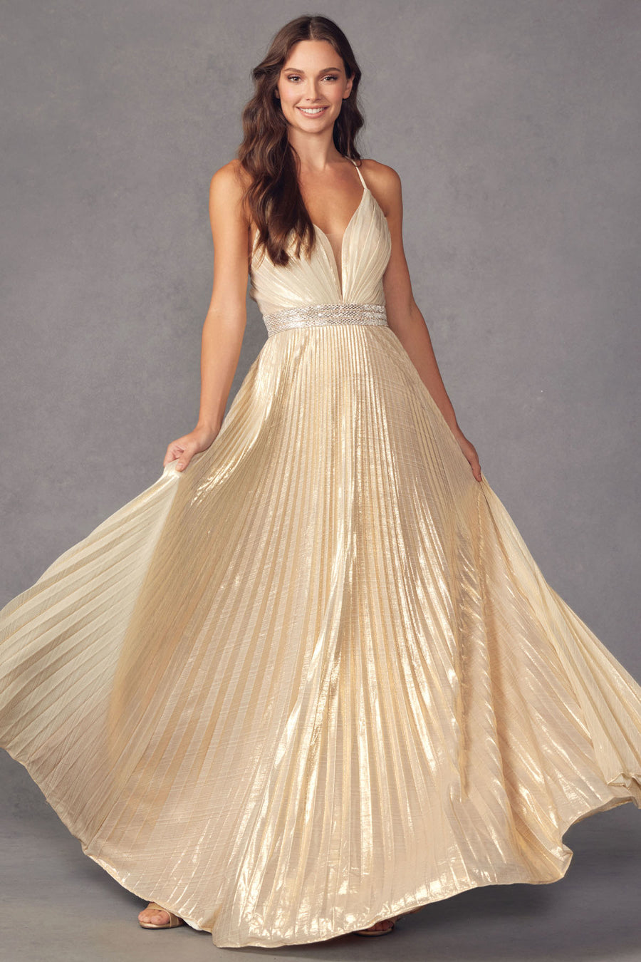 Prom Dresses Long Formal Pleated Metallic Prom Dress Gold