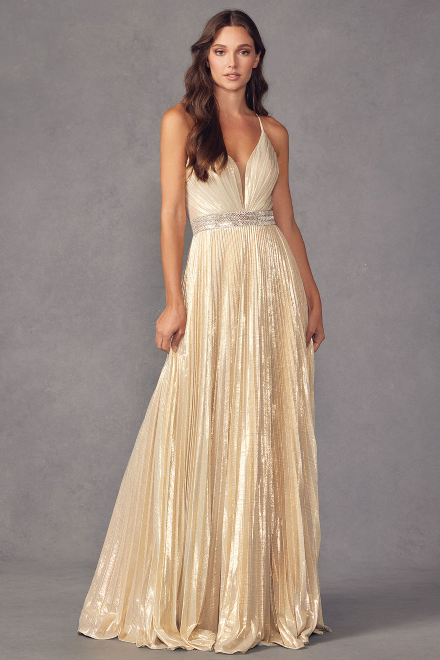 Prom Dresses Long Formal Pleated Metallic Prom Dress Gold