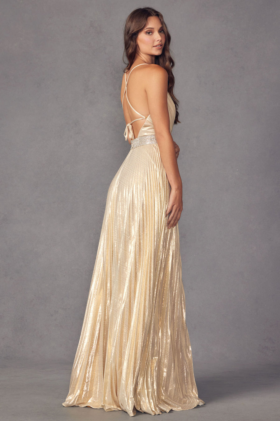 Prom Dresses Long Formal Pleated Metallic Prom Dress Gold