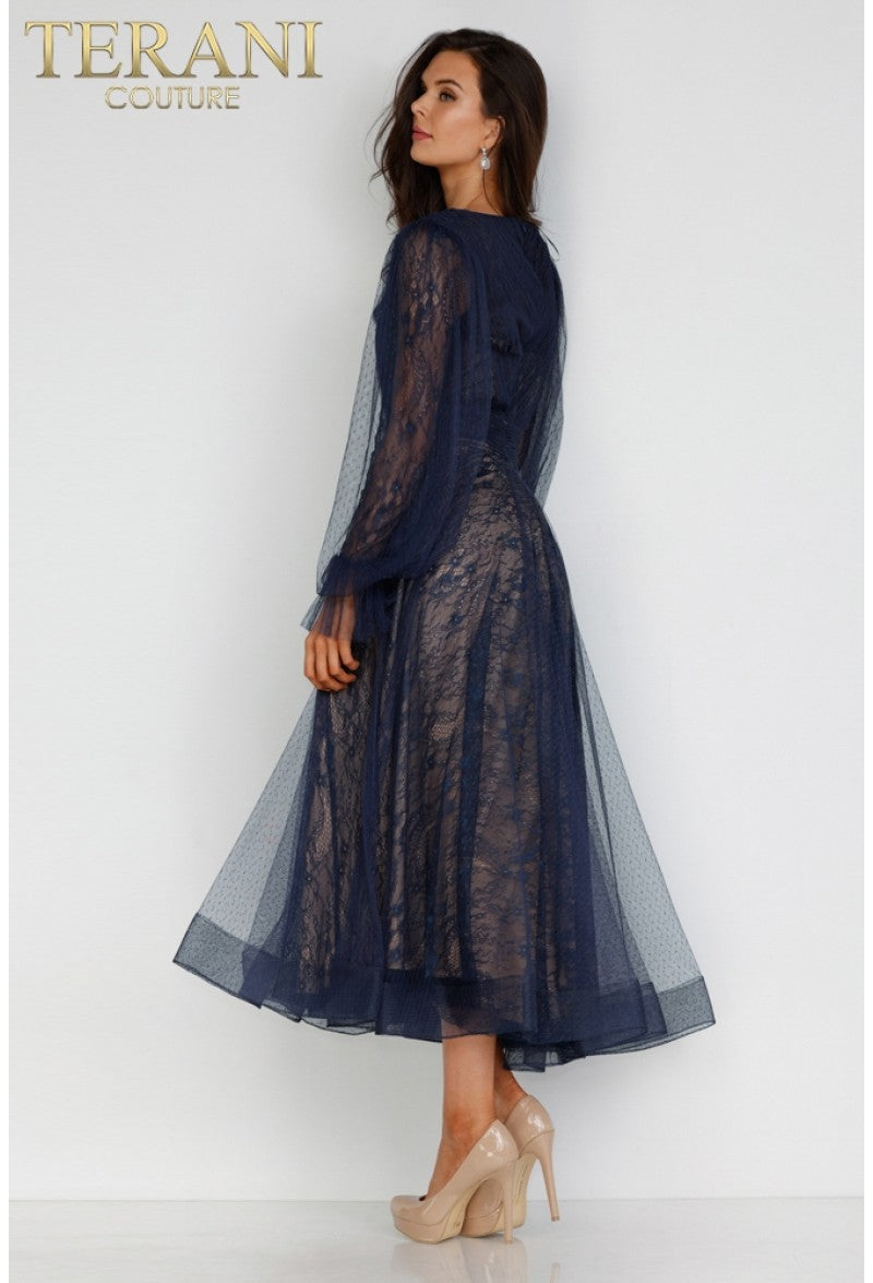 Cocktail Dresses Short Cocktail Long Sleeve Tea Length Dress Navy Nude