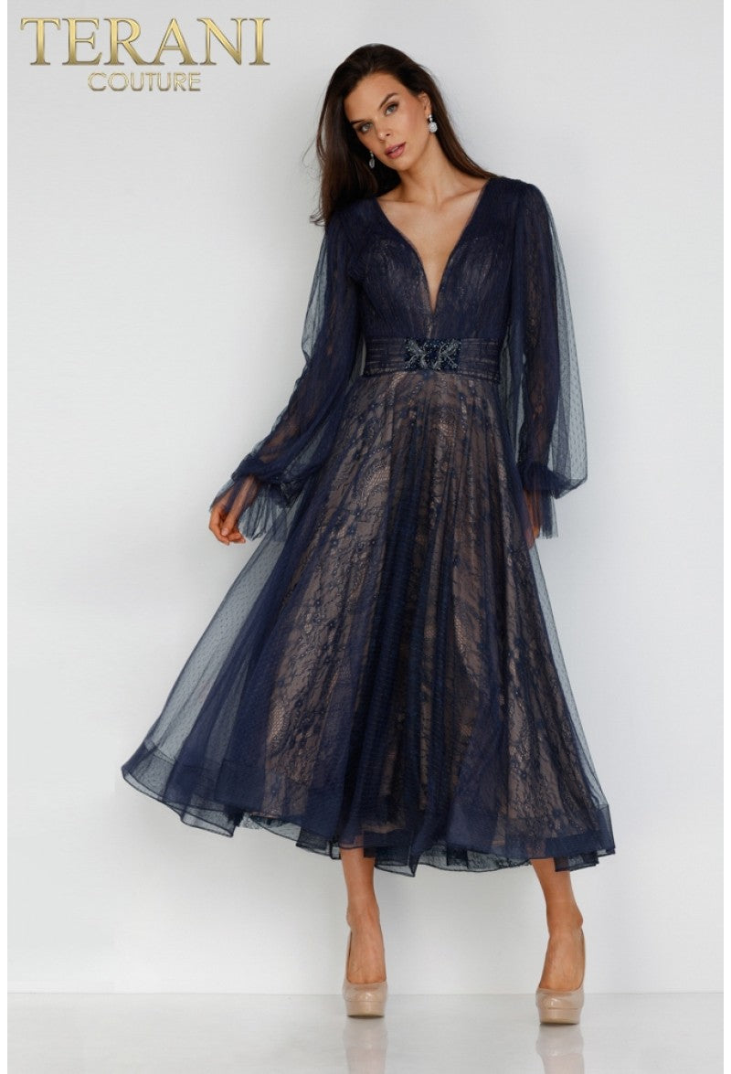 Cocktail Dresses Short Cocktail Long Sleeve Tea Length Dress Navy Nude