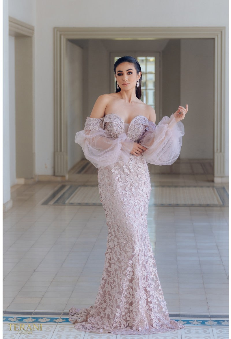 Formal Dresses Long Sleeve Prom Formal Floral Beaded Dress Blush