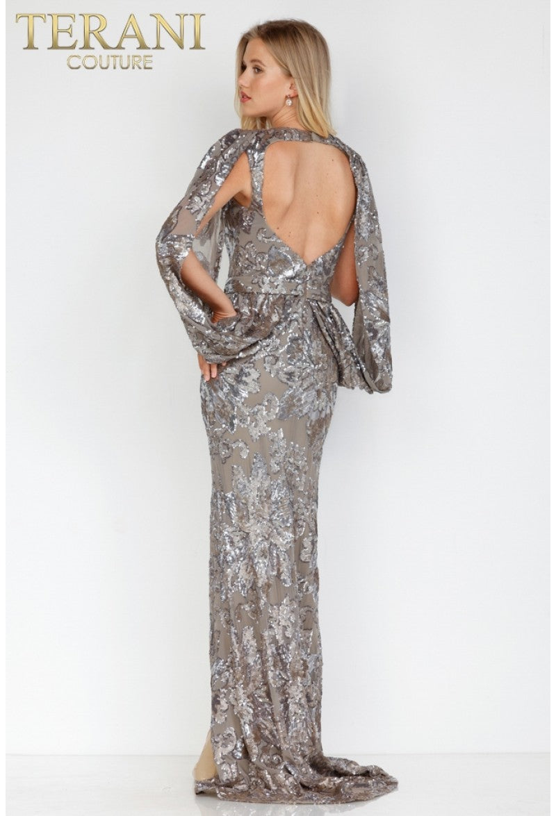 Mother of the Bride Dresses Long Sequin Mother of the Bride Cape Dress Taupe Silver