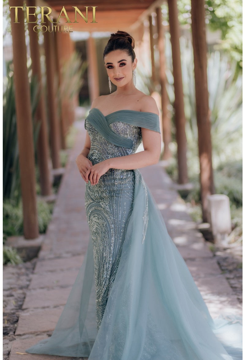 Formal Dresses Long Beaded Formal Prom Overskirt Dress Sage