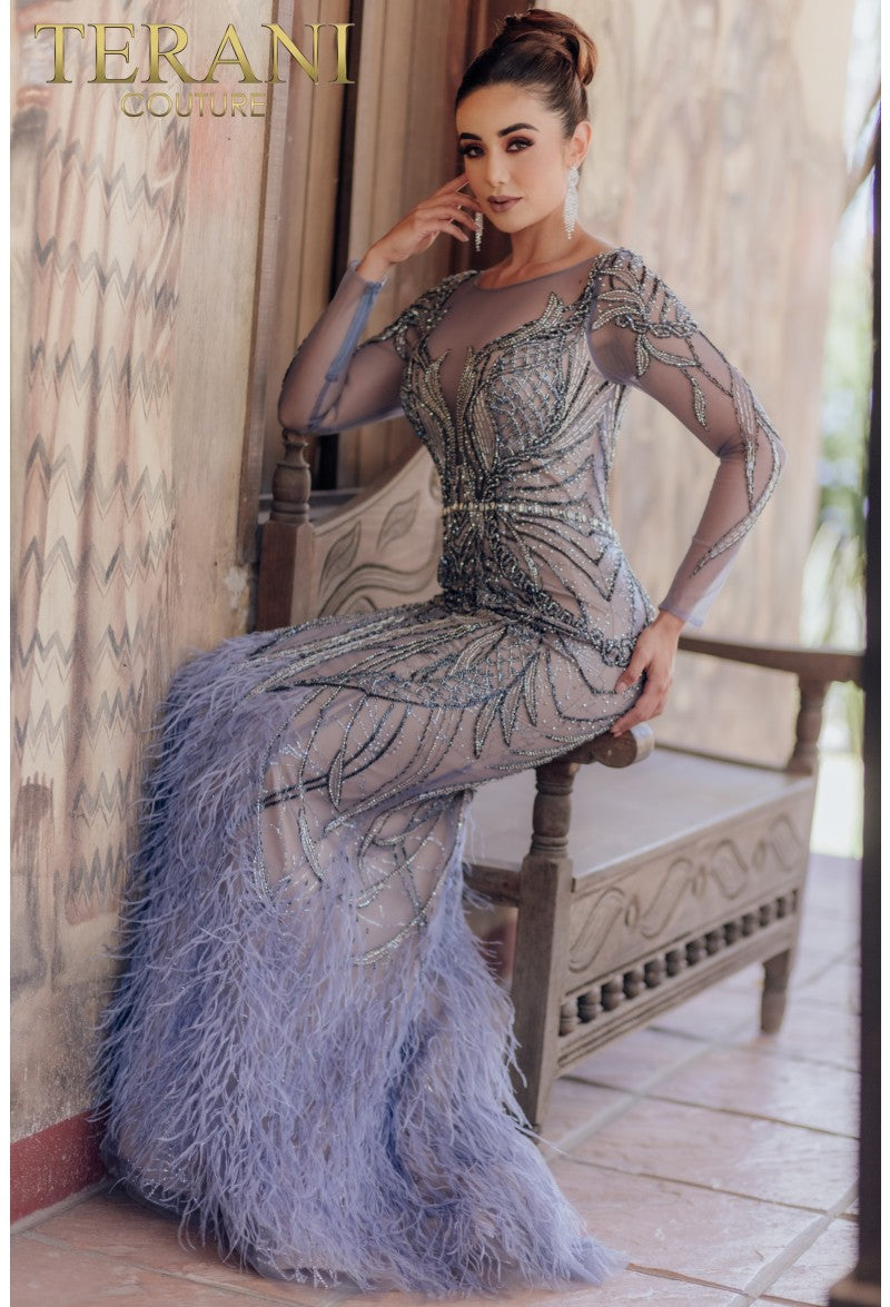 Prom Dresses Long Sleeve Beaded Formal Prom Feather Dress Slate