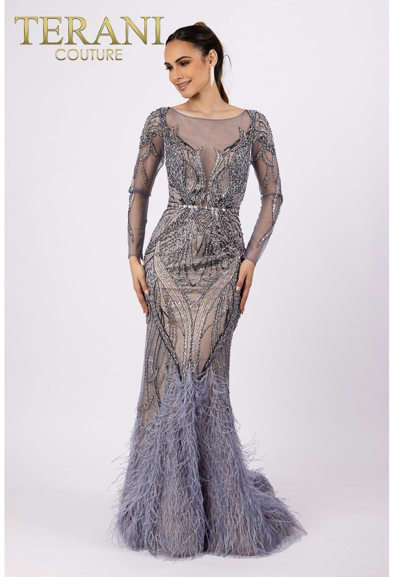 Prom Dresses Long Sleeve Beaded Formal Prom Feather Dress Slate