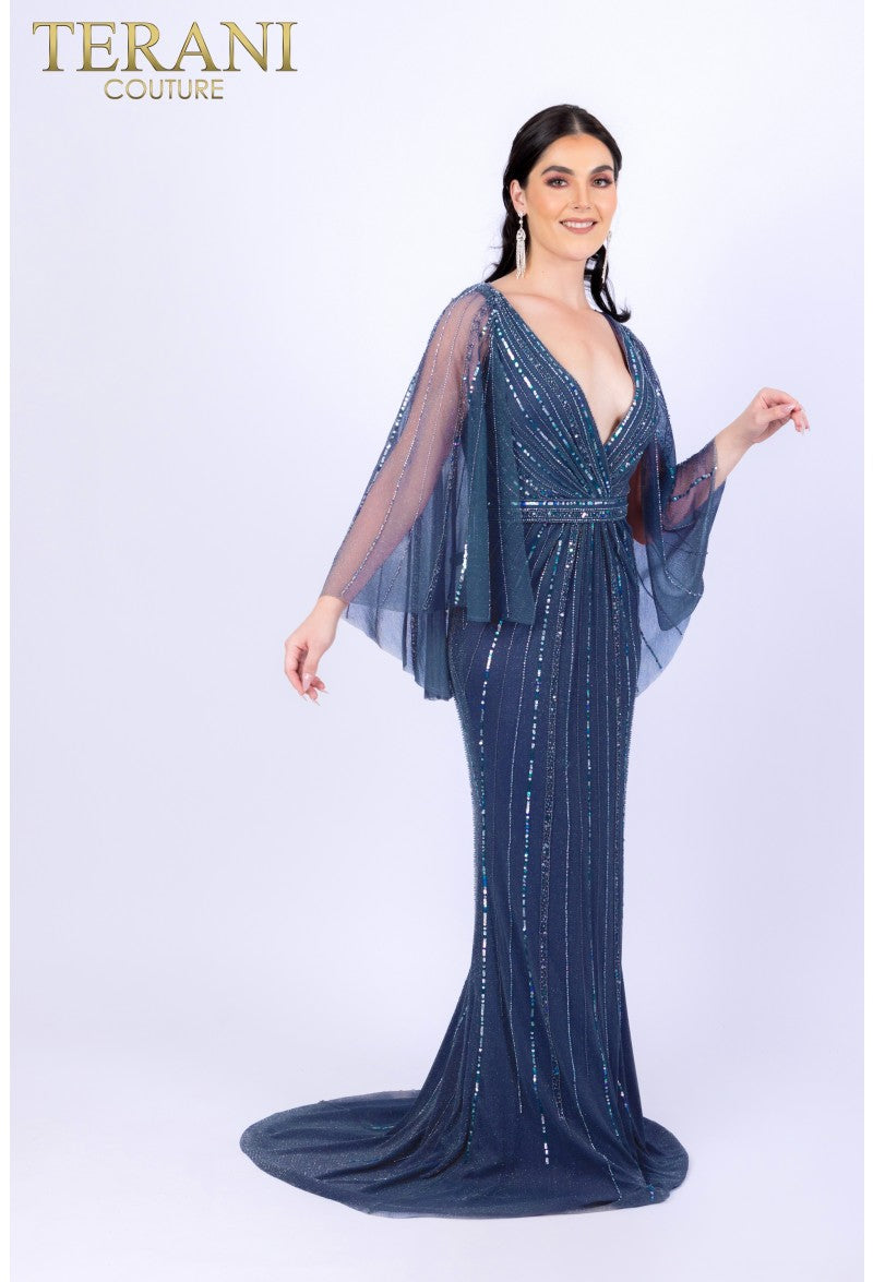 Mother of the Bride Dresses Long Mother of the Bride Sequin Cape Dress Navy