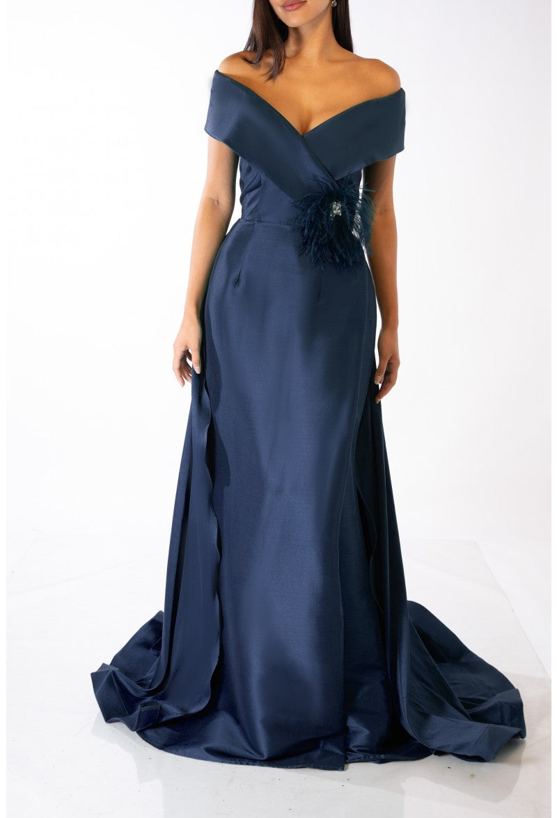 Formal Dresses Long Formal Prom Overskirt Feather Dress Navy