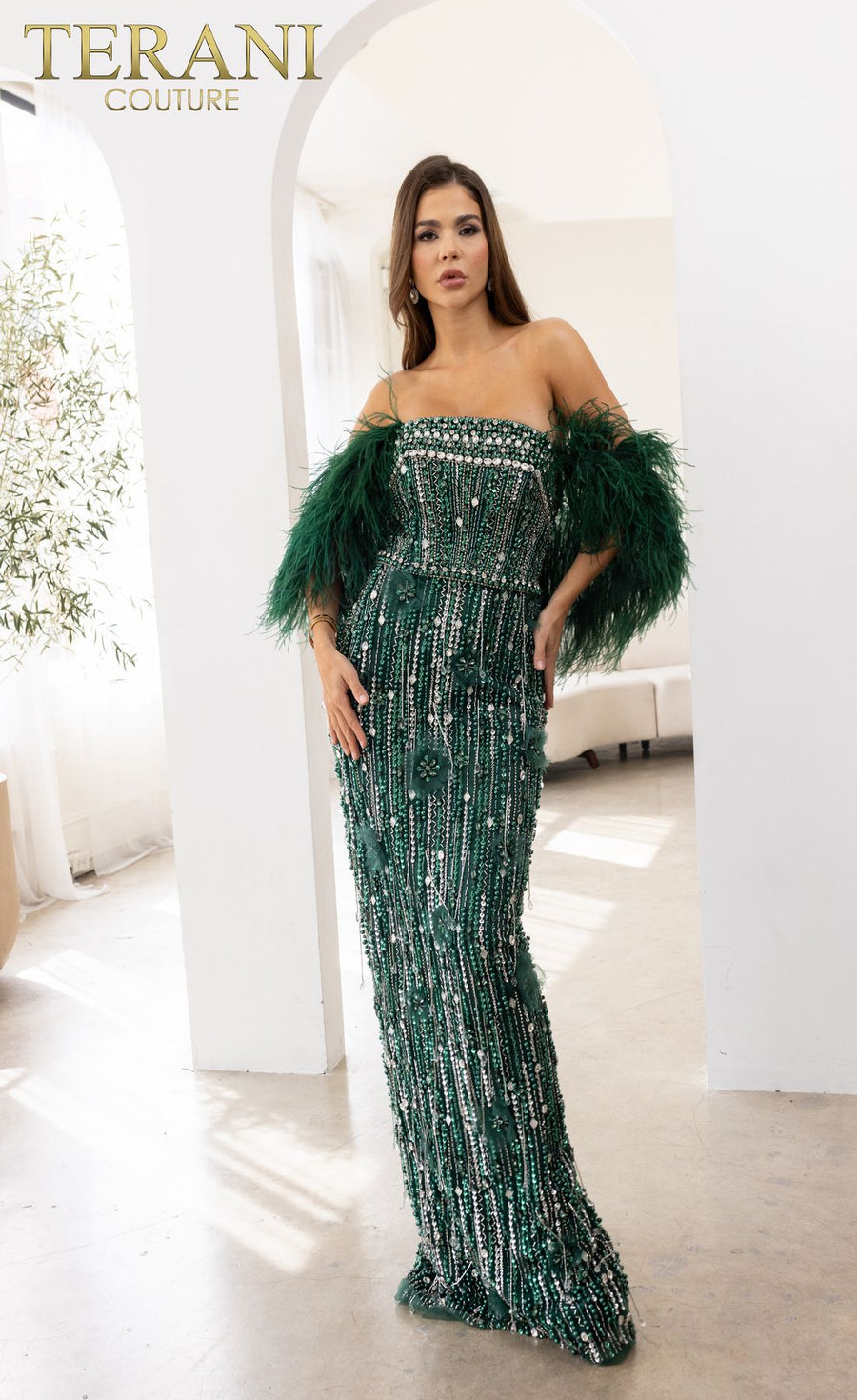 Formal Dresses Feathered Beaded Long Formal Evening Dress Hunter Green