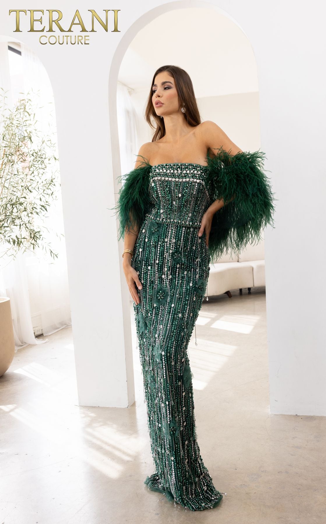 Formal Dresses Feathered Beaded Long Formal Evening Dress Hunter Green