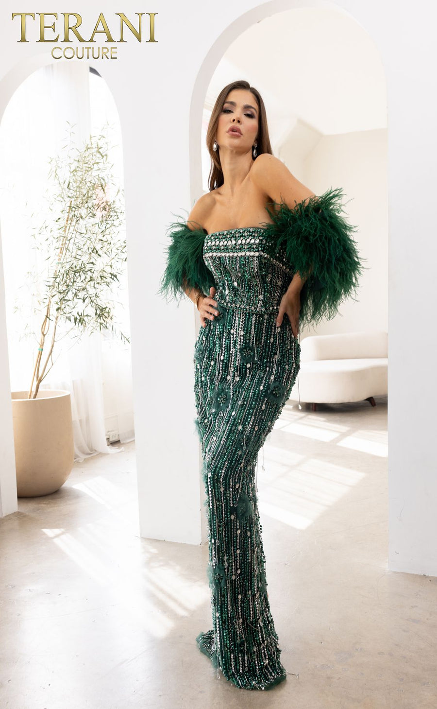 Formal Dresses Feathered Beaded Long Formal Evening Dress Hunter Green