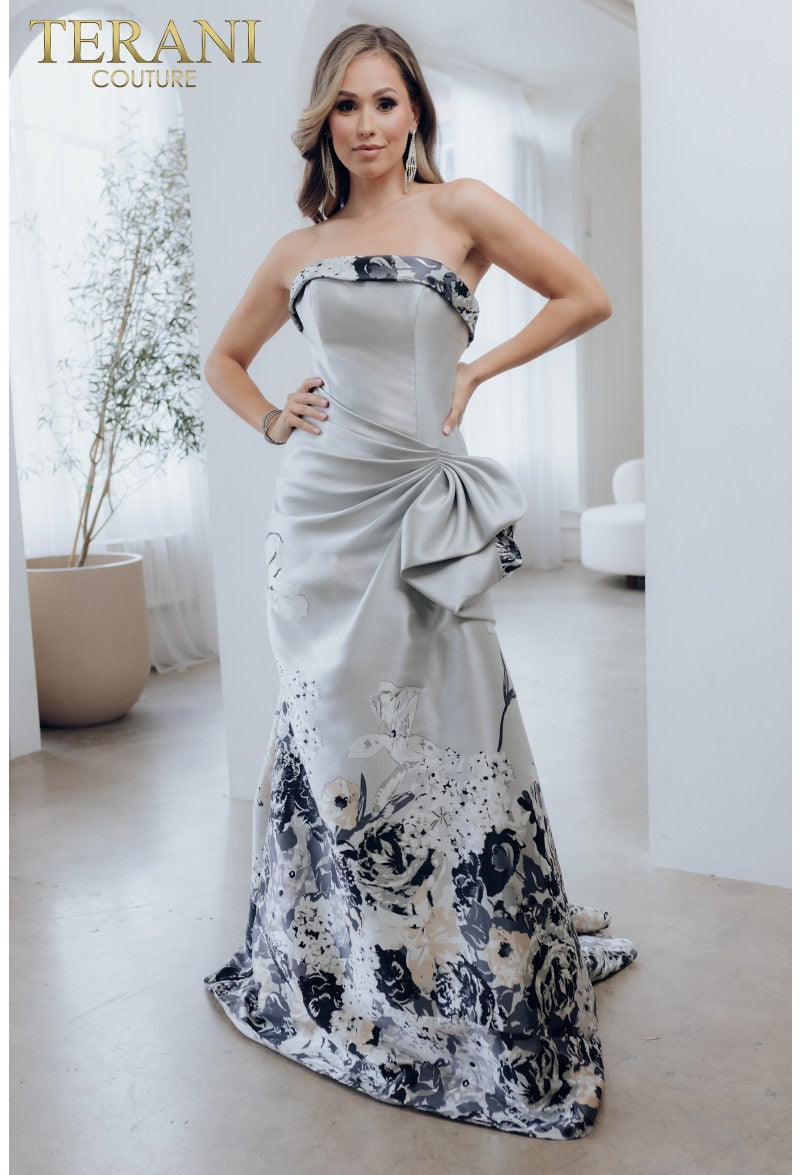 Formal Dresses Printed Long Formal Evening Dress Silver Black