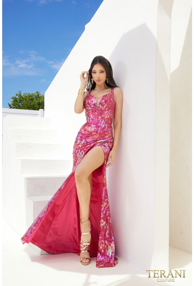 Prom Dresses Printed Formal Prom Slit Gown Fuchsia Multi