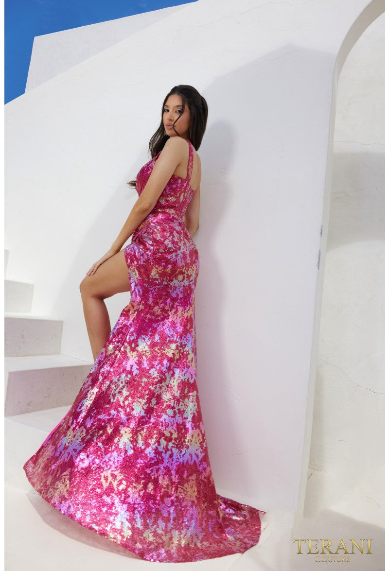 Prom Dresses Printed Formal Prom Slit Gown Fuchsia Multi