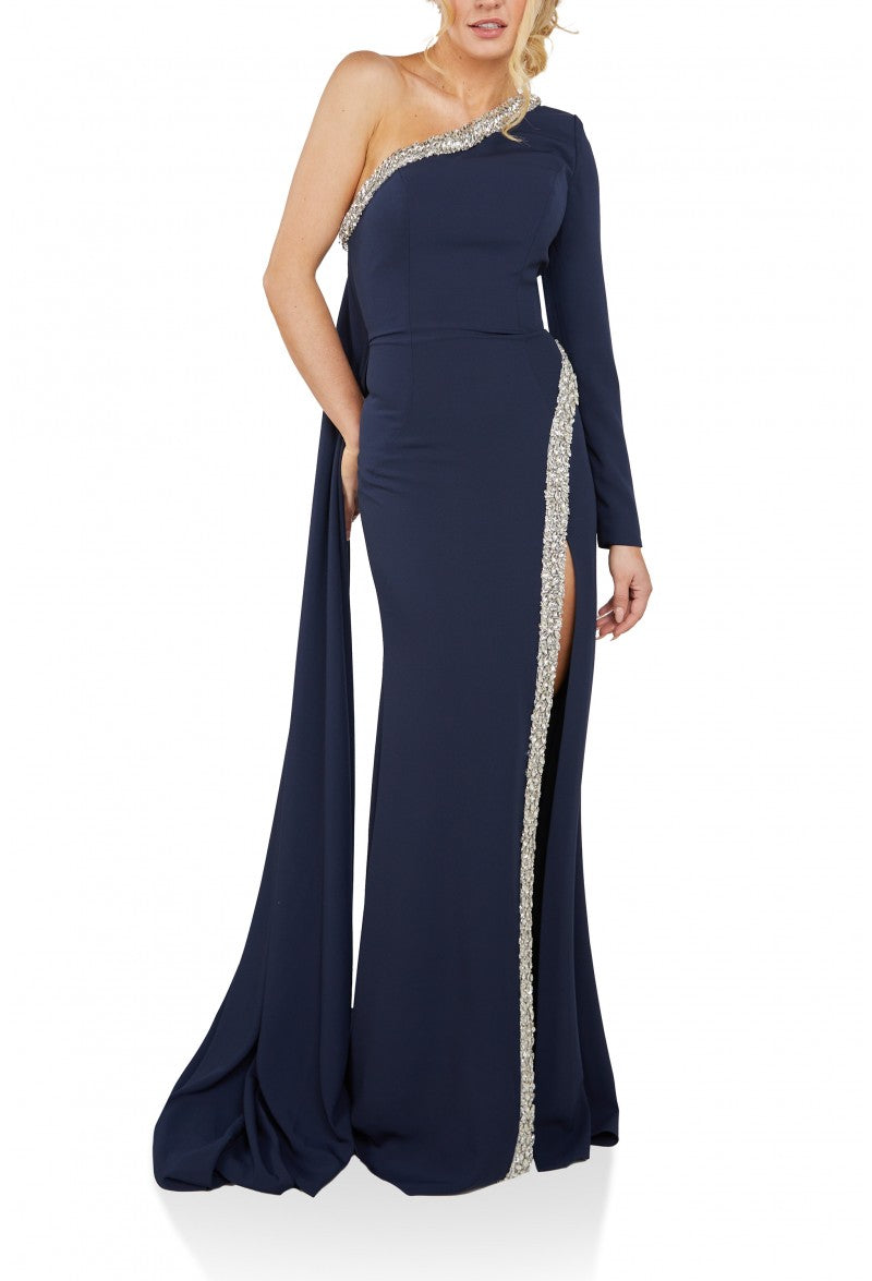 Formal Dresses Long Overlay Skirt Formal Slit Dress Navy