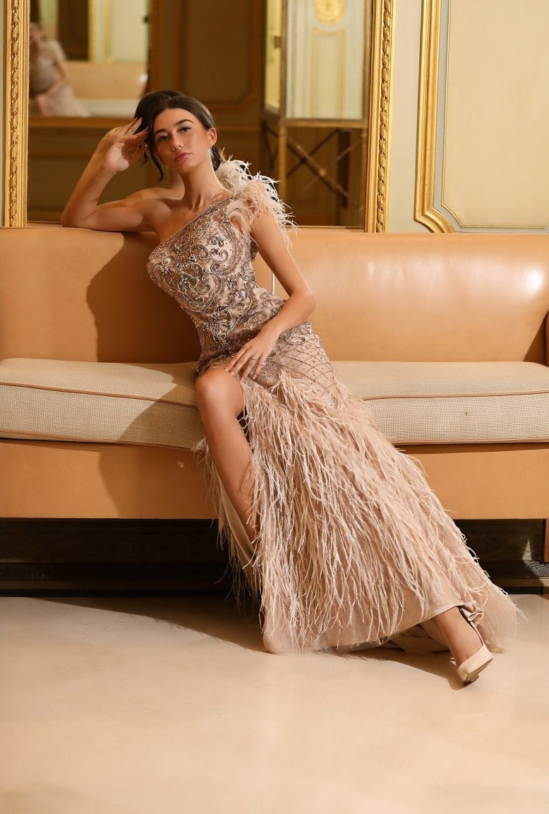 Formal Dresses Feather Long Fitted Formal Dress Blush Mocha