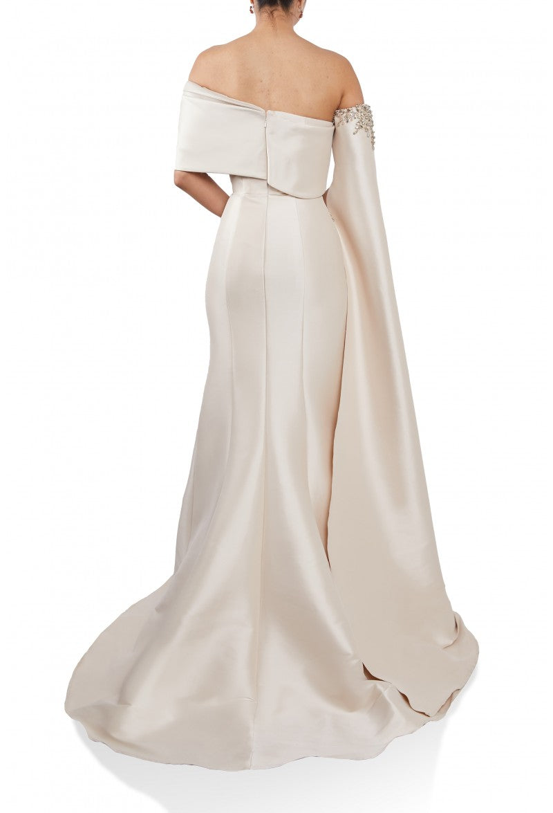 Formal Dresses Long Mermaid Fit Overlay Cape Sleeve Formal Dress Champagne