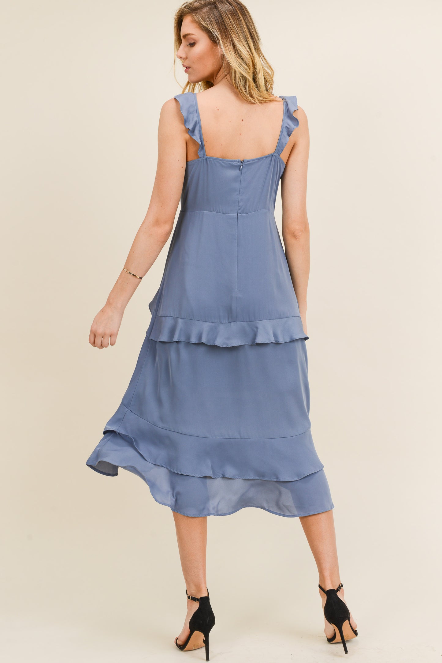 Cocktail Dresses Sleeveless Ruffle Midi Dress Slate Blue