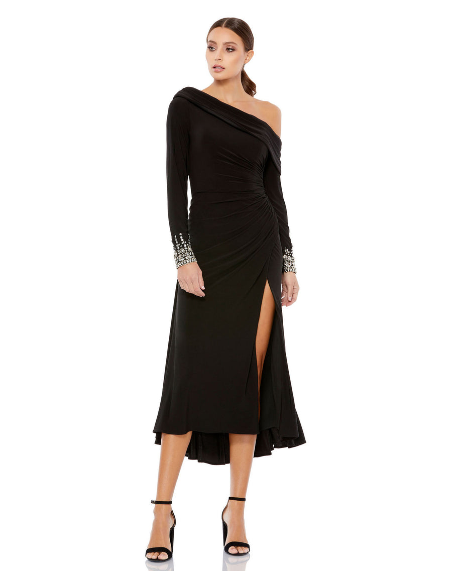 Cocktail Dresses Long Sleeve Jeweled Cocktail Midi Dress  Black