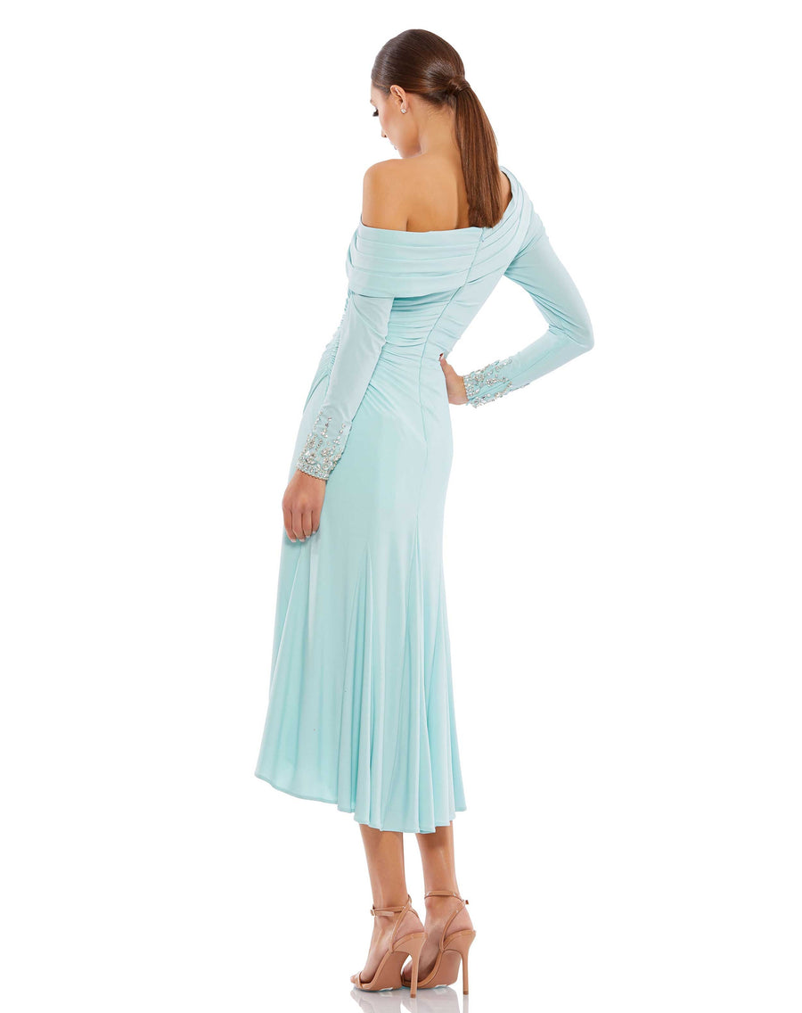 Cocktail Dresses Long Sleeve Jeweled Cocktail Midi Dress  Powder Blue