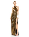 Prom Dresses Long Metallic Criss Cross Halter Formal Prom Dress Antique Gold