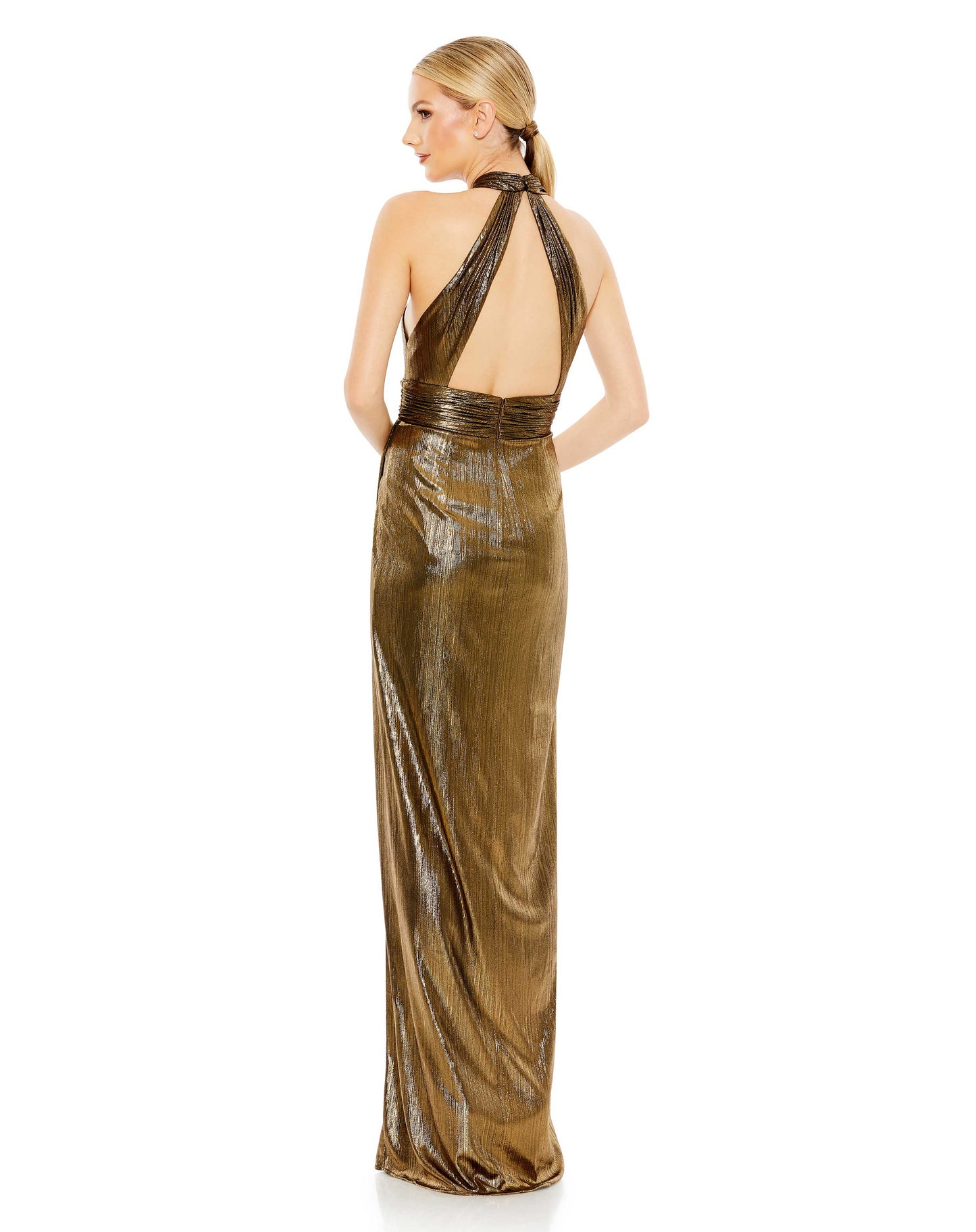 Prom Dresses Long Metallic Criss Cross Halter Formal Prom Dress Antique Gold