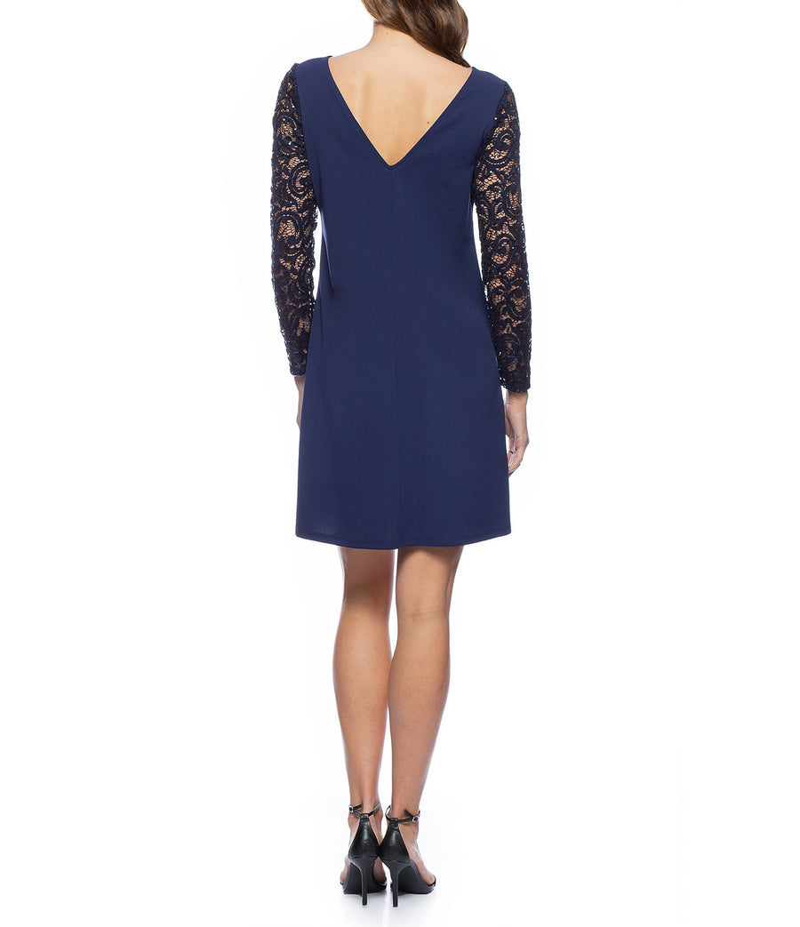 Cocktail Dresses Short Lace Sleeve V Back Crepe Dress Navy