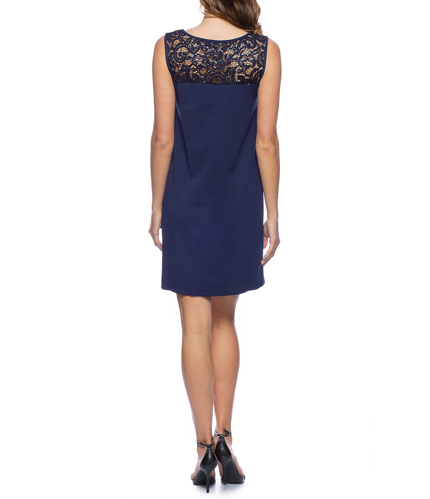 Cocktail Dresses Short Sleeveless Illusion Crew Neck Dress Navy