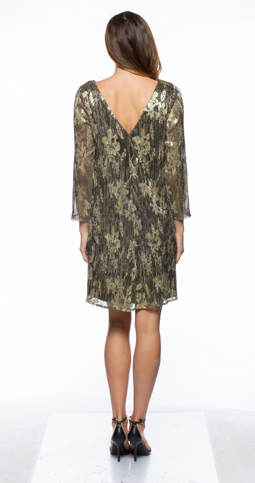 Marina  Long Sleeve Printed Metallic Short Dress