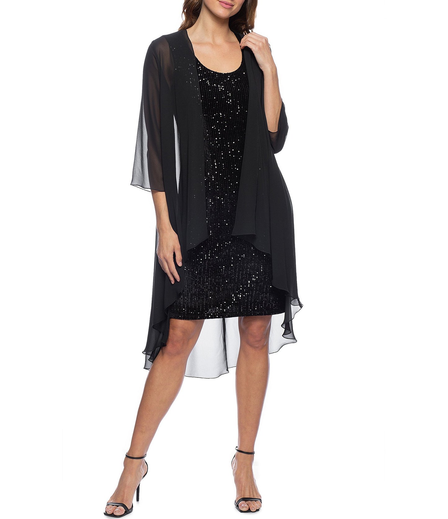 Cocktail Dresses Short Sleeveless Velvet Sequin Dress Chiffon Jacket Set Black