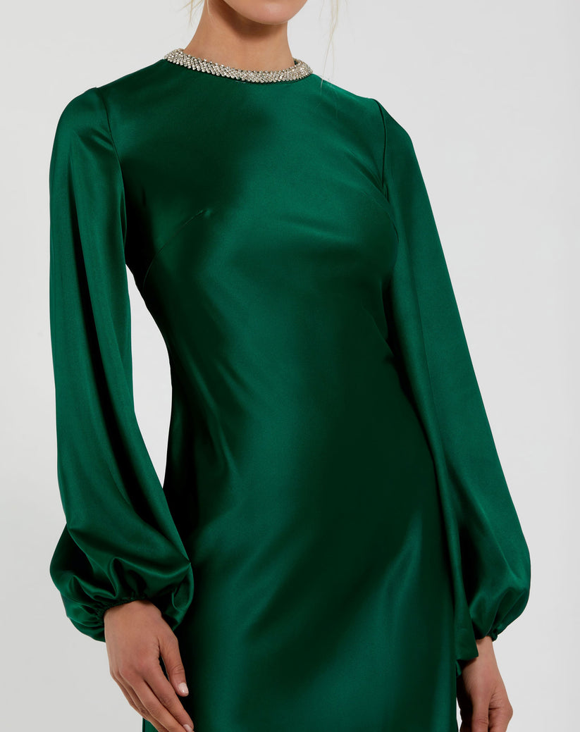 Cocktail Dresses Long Sleeve Satin Tea Length Dress Emerald